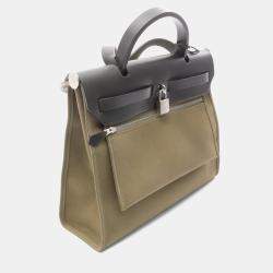 Pre Owned Hermes Herbag Zip Khaki Black Hunter Toile Officier Y Handbag PM