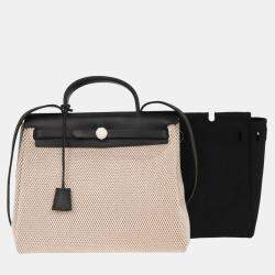 Pre Owned Hermes Black Natrural Toile GM Officier Herbag PM 2 in 1 Handbag