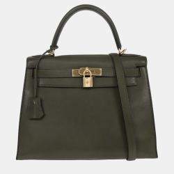 Pre Owned Hermes Green Evergrain Kelly 28 Sellier 2way Handbag