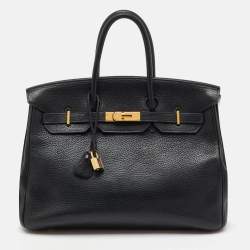 Pre Owned Hermes Black Taurillon Clemence Leather Gold Finish Birkin 35 Bag