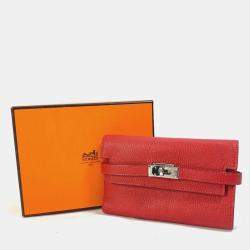 Pre Owned Hermes Kelly Chevre Rouge Coupe Red Medium Compact Trifold Wallet