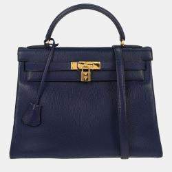 مملوكة مسبقًا Hermes Kelly 32 Retourne 2way  Blue Indigo Ardennes Handbag