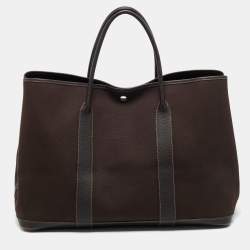 Pre Owned Hermes Chocolat Toile and Negonda Leather Garden Party GM Bag