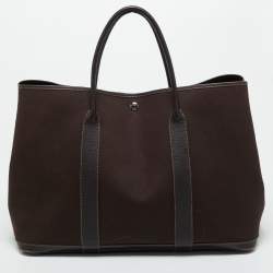 Pre Owned Hermes Chocolat Toile and Negonda Leather Garden Party GM Bag