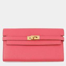 Pre Owned Hermes Kelly Wallet Long Rose Lipstick Chevre Myzore Goatskin