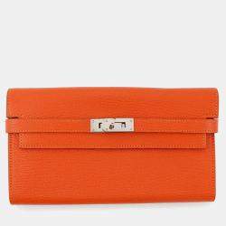Pre Owned Hermes Kelly Wallet Orange Chevre Myzore Goatskin