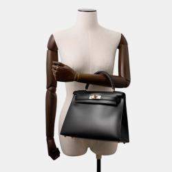 Pre Owned Hermes Kelly Sellier Black Box Calf Leather Size 28