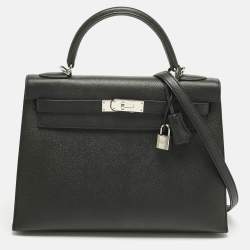 Pre Owned Hermes Noir Epsom Leather Palladium Finish Kelly Sellier 32 Bag