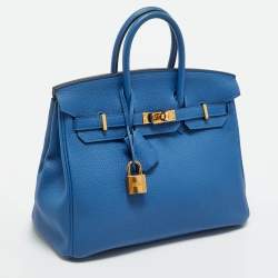 Pre Owned Hermes Bleu Zellige Togo Leather Gold Finish Birkin 25 Bag
