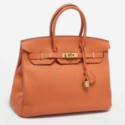 Pre Owned Hermes Orange Togo Leather Gold Finish Birkin 35 Bag