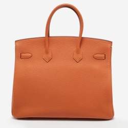 Pre Owned Hermes Orange Togo Leather Gold Finish Birkin 35 Bag