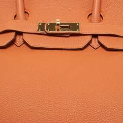 Pre Owned Hermes Orange Togo Leather Gold Finish Birkin 35 Bag