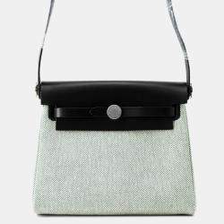 Pre Owned Hermes Herbag Zip  Size Mini Ecru/Black Toile Military Vache Hunter Leather Bag   
