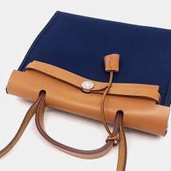 Pre Owned Hermes New Zip Herbag Small Blue Brown Fabric and Leather Bag