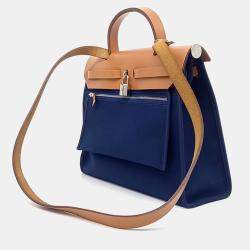 Pre Owned Hermes New Zip Herbag Small Blue Brown Fabric and Leather Bag