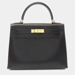 Pre Owned Hermes Kelly 28 Black Box Calf Leather Top Handle Bag