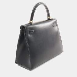 Pre Owned Hermes Kelly 28 Black Box Calf Leather Top Handle Bag