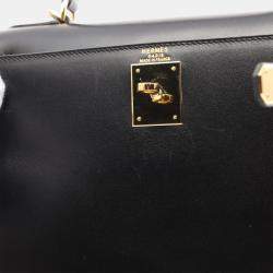 Pre Owned Hermes Kelly 28 Black Box Calf Leather Top Handle Bag