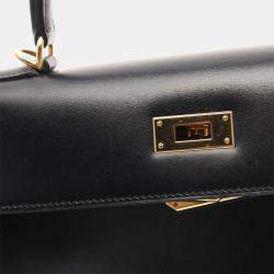 Pre Owned Hermes Kelly 28 Black Box Calf Leather Top Handle Bag