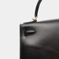 Pre Owned Hermes Kelly 28 Black Box Calf Leather Top Handle Bag