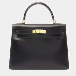 Pre Owned Hermes Kelly 28 Black Box Calf Leather Top Handle Bag
