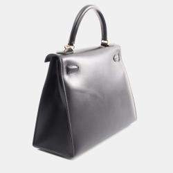 Pre Owned Hermes Kelly 28 Black Box Calf Leather Top Handle Bag