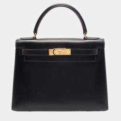 Pre Owned Hermes Kelly 28 Black Box Calf Leather Top Handle Bag