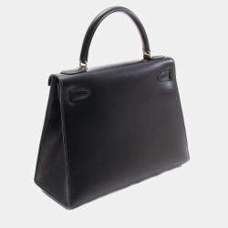 Pre Owned Hermes Kelly 28 Black Box Calf Leather Top Handle Bag