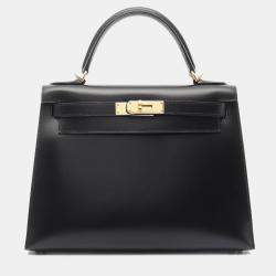 Pre Owned Hermes Kelly 28 Black Box Calf Leather Top Handle Bag