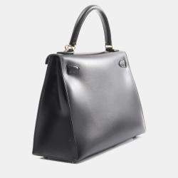 Pre Owned Hermes Kelly 28 Black Box Calf Leather Top Handle Bag