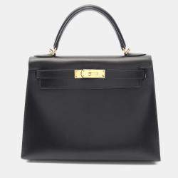 Pre Owned Hermes Kelly 28 Black Box Calf Leather Top Handle Bag