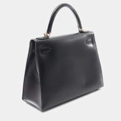 Pre Owned Hermes Kelly 28 Black Box Calf Leather Top Handle Bag