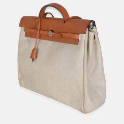 Pre Owned Hermes Natural Toile Vache Calfskin Herbag 39 MM
