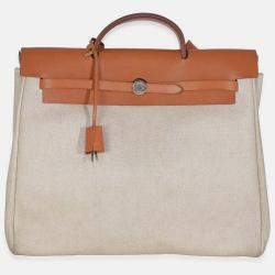 Pre Owned Hermes Natural Toile Vache Calfskin Herbag 39 MM