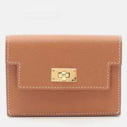 Pre Owned Hermes Kelly Pocket Slim Gold Coin Case Brown  Veau Madame Wallet 