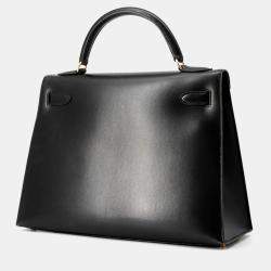 Pre Owned Hermes Kelly Sellier Black Box Calf Leather Handbag 32