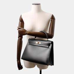 Pre Owned Hermes Kelly Sellier Black Box Calf Leather Handbag 32