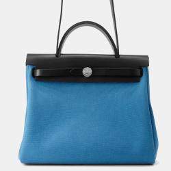 Pre Owned Hermes Herbag Zip Black/Blue Toile Military Vache Hunter Leather Size PM