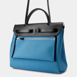 Pre Owned Hermes Herbag Zip Black/Blue Toile Military Vache Hunter Leather Size PM