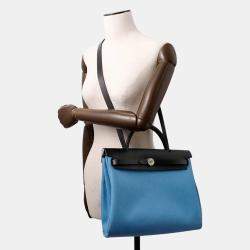 Pre Owned Hermes Herbag Zip Black/Blue Toile Military Vache Hunter Leather Size PM