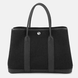 Pre Owned Hermes Garden Party Black Toile Military Negonda Leather PM