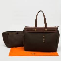 Pre Owned Hermes Chocolate/Terre Toile Canvas and Vache Hunter Herbag Cabas MM Bag