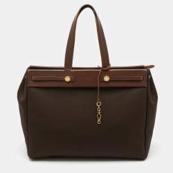 Pre Owned Hermes Chocolate/Terre Toile Canvas and Vache Hunter Herbag Cabas MM Bag