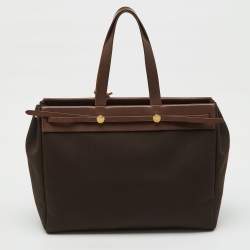 Pre Owned Hermes Chocolate/Terre Toile Canvas and Vache Hunter Herbag Cabas MM Bag