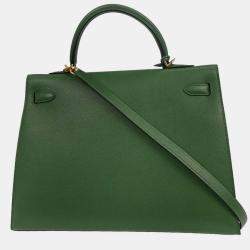 Pre Owned Hermes Green Courchevel Kelly 35 Sellier 2way Handbag
