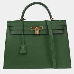 Pre Owned Hermes Green Courchevel Kelly 35 Sellier 2way Handbag