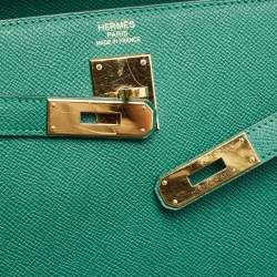 Pre Owned Hermes Malachite Epsom Leather Gold Finish Kelly Sellier 35 Bag