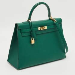 Pre Owned Hermes Malachite Epsom Leather Gold Finish Kelly Sellier 35 Bag