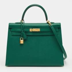 Pre Owned Hermes Malachite Epsom Leather Gold Finish Kelly Sellier 35 Bag