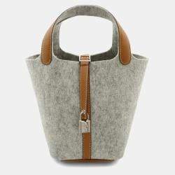 Pre Owned Hermes Picotin Lock Pm Handbag/Tote Bag In Felt  Swift Leather  Gripere Gray  Gold